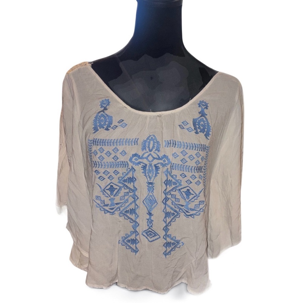 Entro Cream Blouse with Blue Embroidery